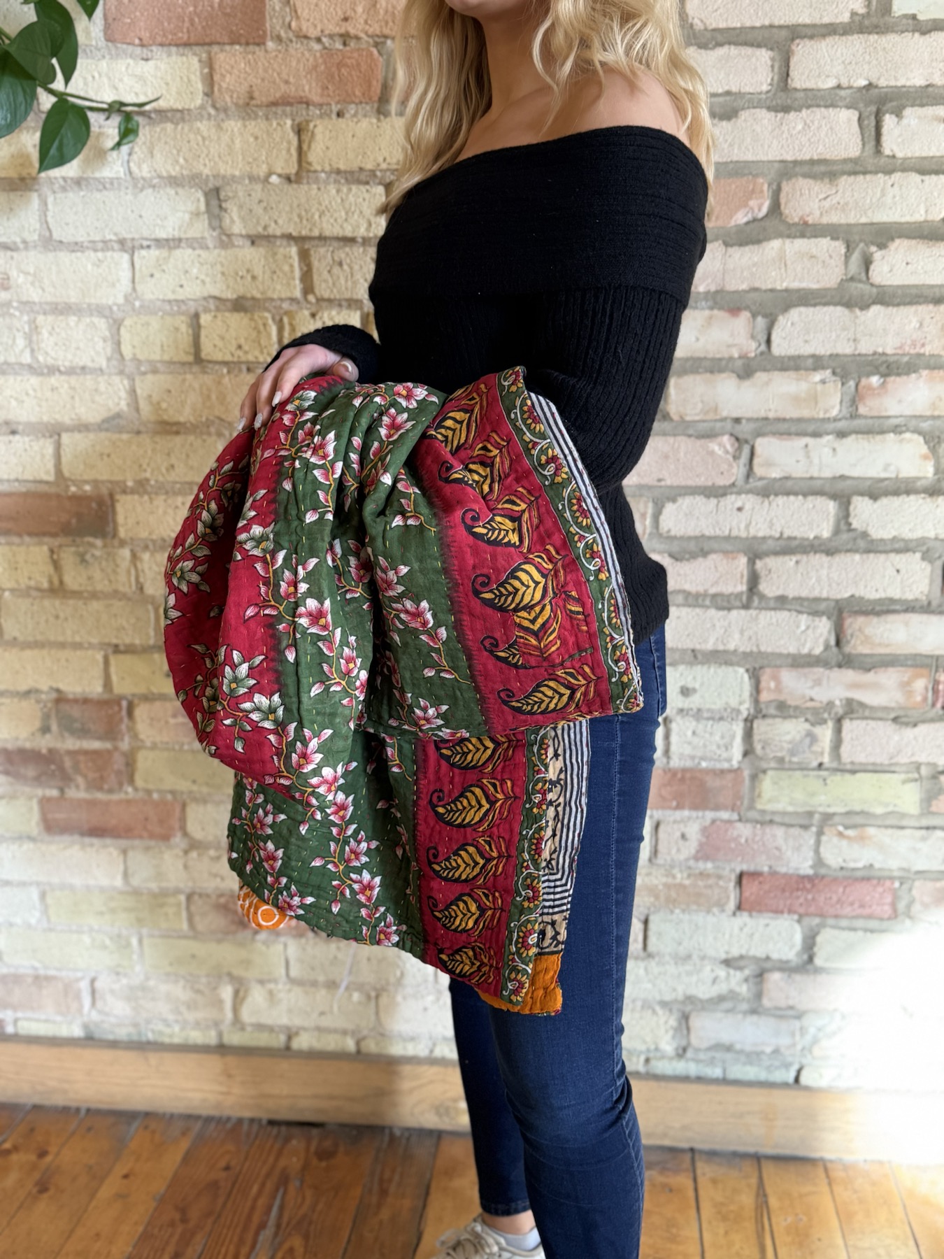 Original Kantha blanket in green, red, and gold fabric