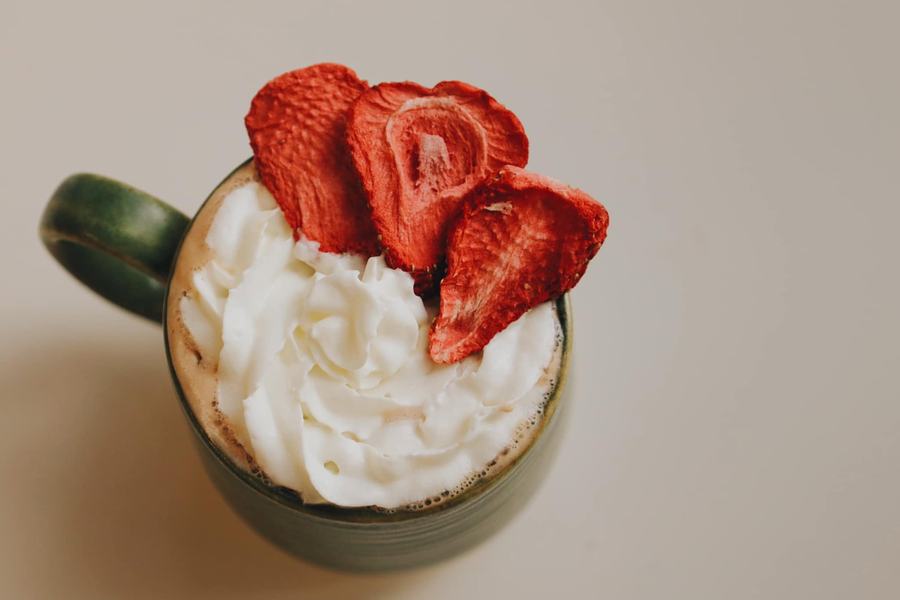 Strawberry mocha with whipped cream and dried strawberry