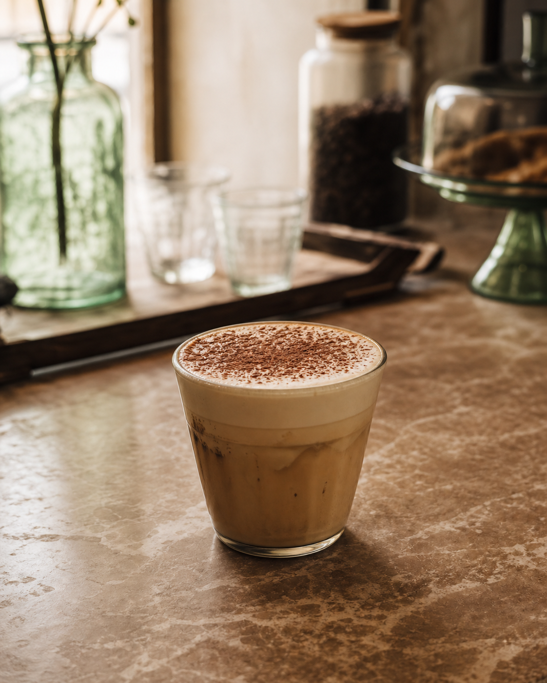 Tiramisu latte with cocoa dusted cold foam